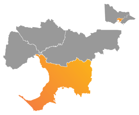 Map of Victoria highlighting the Southern suburbs of greater Melbourne