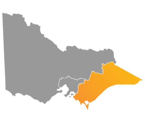 Map of Victoria highlighting east of Melbourne (Gippsland)