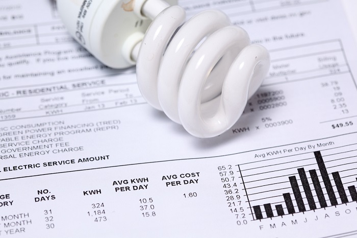 A photograph of a light globe sitting on top of a utility bill